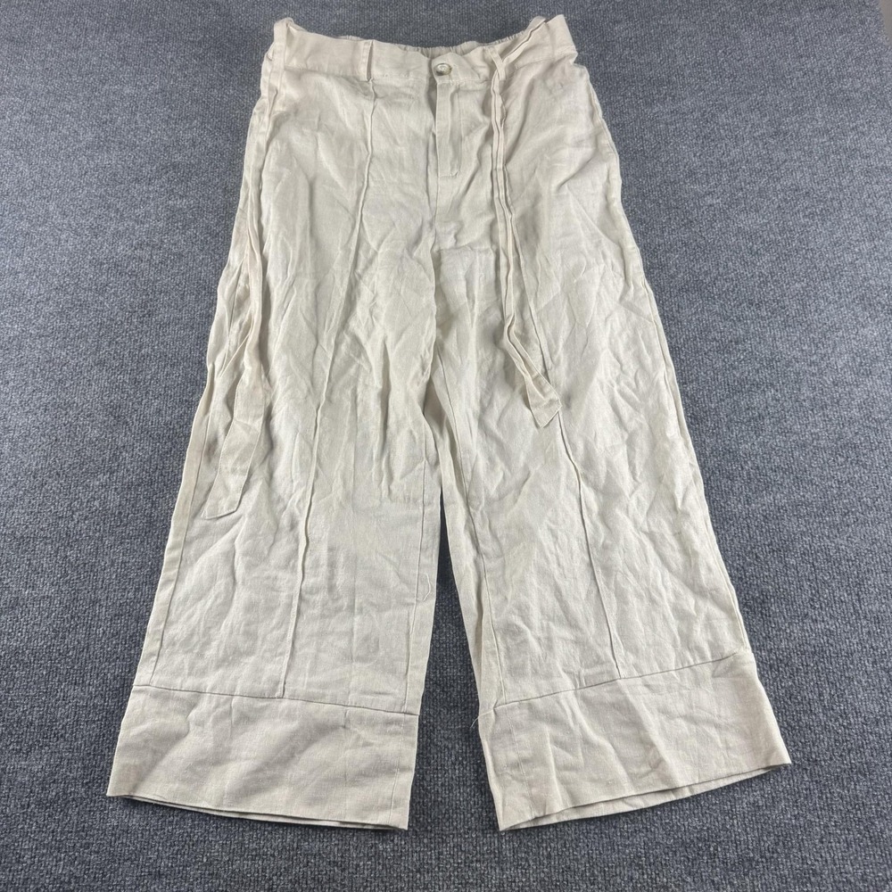 Joie Pants Womens L Beige Linen Viscose Wide Leg Belted Elastic Waist Pockets